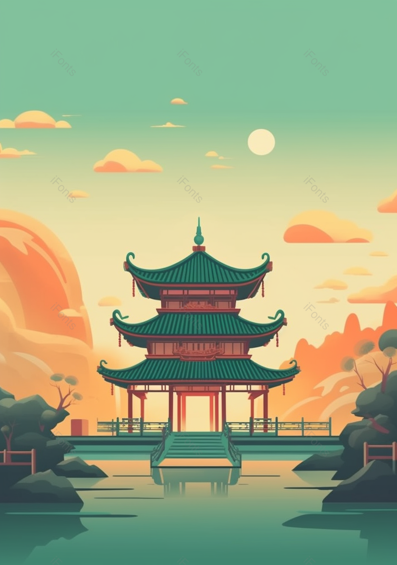 中国古代高大琉璃木亭唯美古风插图壁纸,插画/手绘图,插画/手绘图库,插画/手绘图下载,插画/手绘
